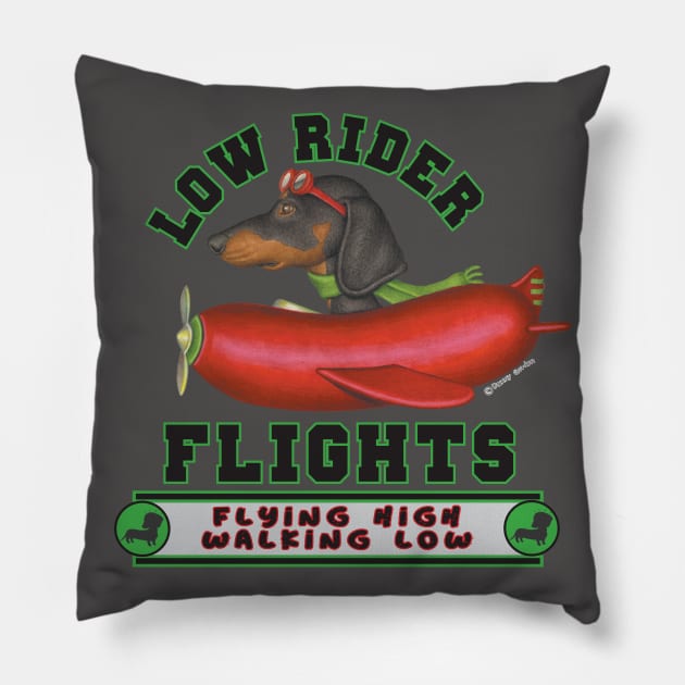 Cute Doxie Black Dachshund in  Red Wiener Plane Pillow by Danny Gordon Art