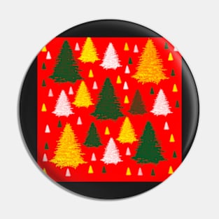 Gold green silver Christmas trees on red background Pin