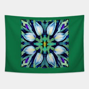 Folk Art Blue Green White Tulips Repeating Tile Pattern Tapestry