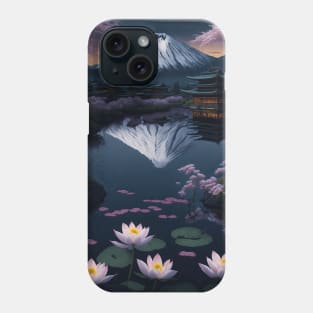 Serene Mount Fuji Sunset - Peaceful River Scenery - Lotus Flowers Phone Case