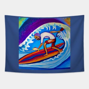 Surfer catching a wave and a fish Tapestry