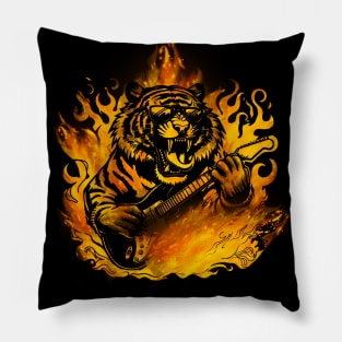 Tiger Gothic Rock Playing Guitar - Flames, Cat, Musician Pillow