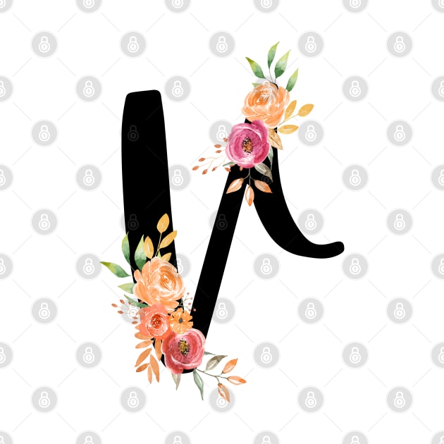 Letter V With Watercolor Floral Wreath by NatureGlow