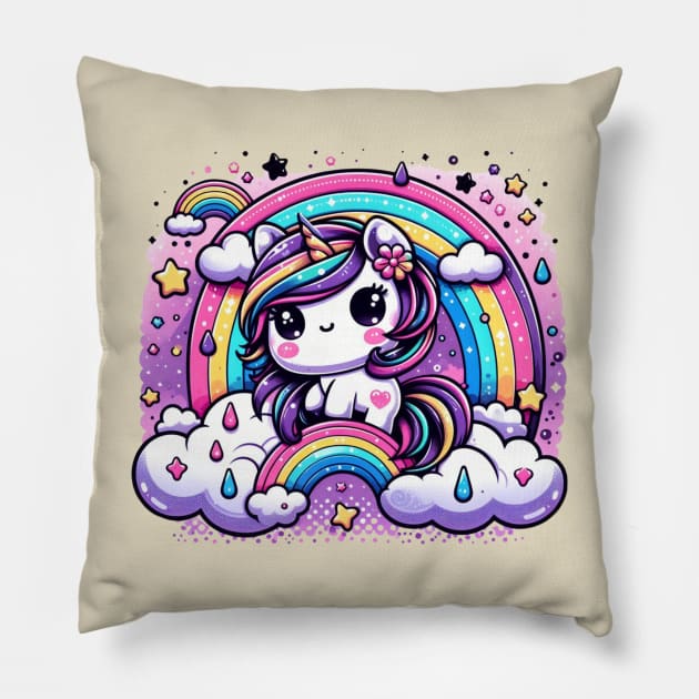 Enchanting Pastel Unicorn Rainbow Fantasy Pillow by Curious Sausage