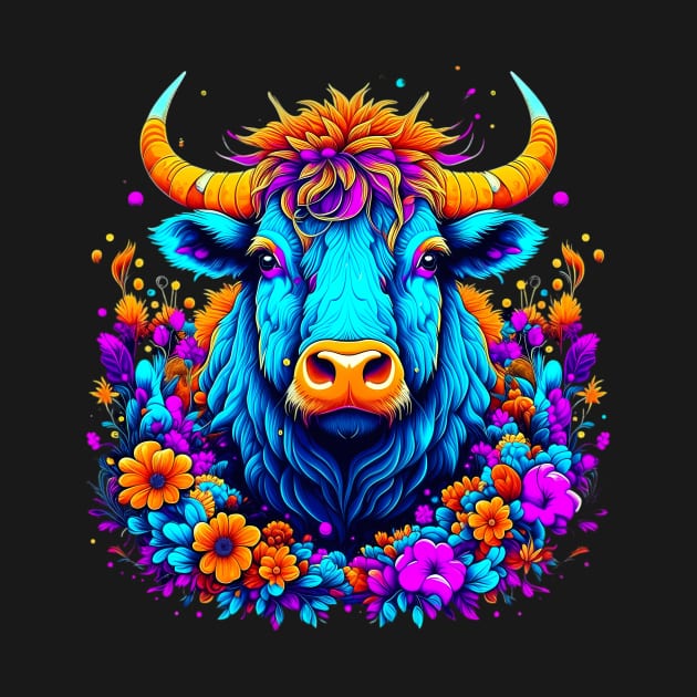 Colorful Highland Cow with florals by Luvleigh