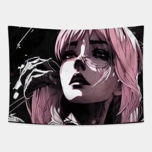 Intriguing Intensity: Immersive Black and White Anime Girl Artwork Goth Gothic Fashion Dark Pink Hair Tapestry