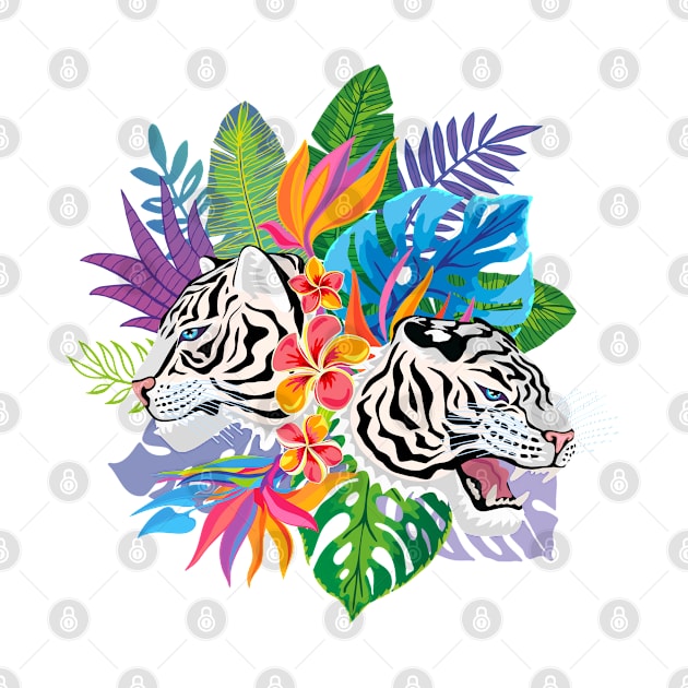 White Tigers and Exotic Flowers by Cool Abstract Design