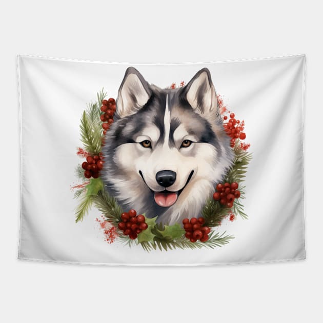 Christmas Husky Dog Wreath Tapestry by Chromatic Fusion Studio