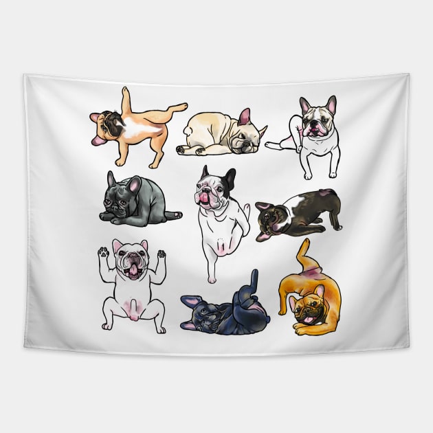 The Frenchie Squad does yoga Tapestry by MightyFam