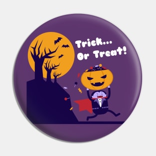 Cute Dracula running bring a lot of candy on Halloween Jack O Lantern. Pin