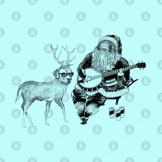 Christmas Bluegrass by Santa and his dog, Black drawing by BullShirtCo