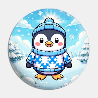 Cute Winter Penguin With Christmas Background And Puzzle Piece Sweater Pin