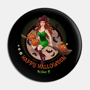 Pretty witch flying on broomstick Pin