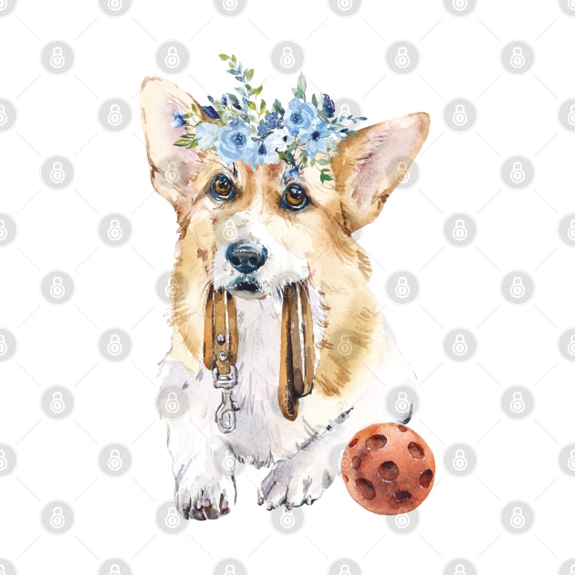 Cute Corgi with ball Watercolor art by AdrianaHolmesArt