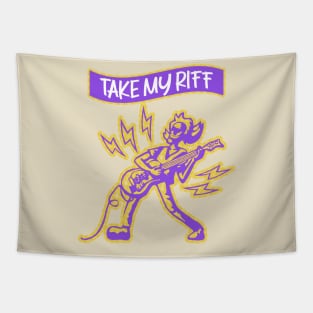 Take My Riff: Whimsical Guitarist Harmony in Purple, White, and Orange Tapestry