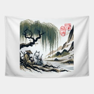 Cat Samurai and Ronin Dog Tapestry