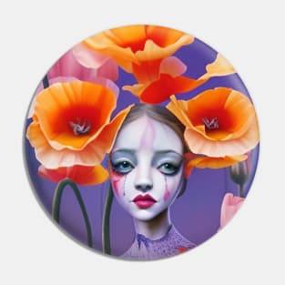 Floral art deco poppy flower painting of a girl in the Pop Surrealism style Pin