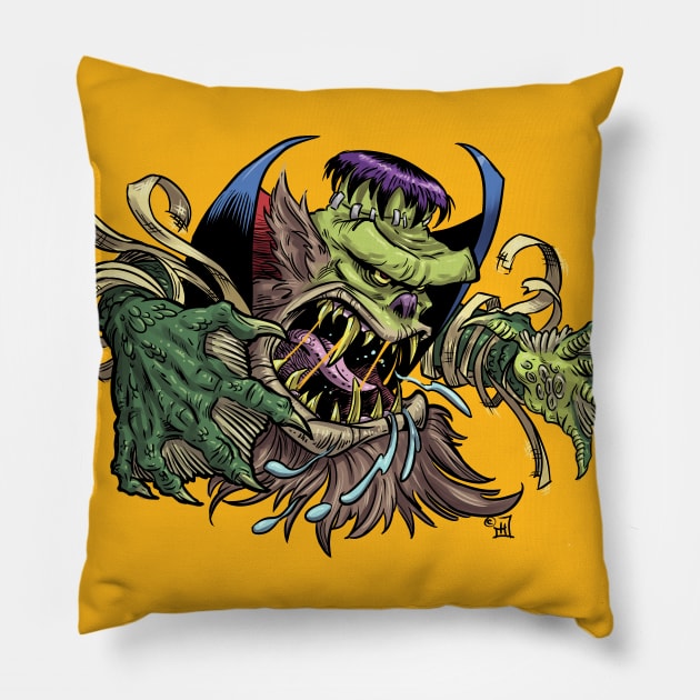 DraculaFrankensteinWerewolfMummy from the Black Lagoon Pillow by Himmelworks