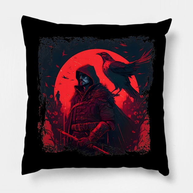 Raven Man Diablo BRZRKR a Witcher on Red Moon Pillow by MLArtifex