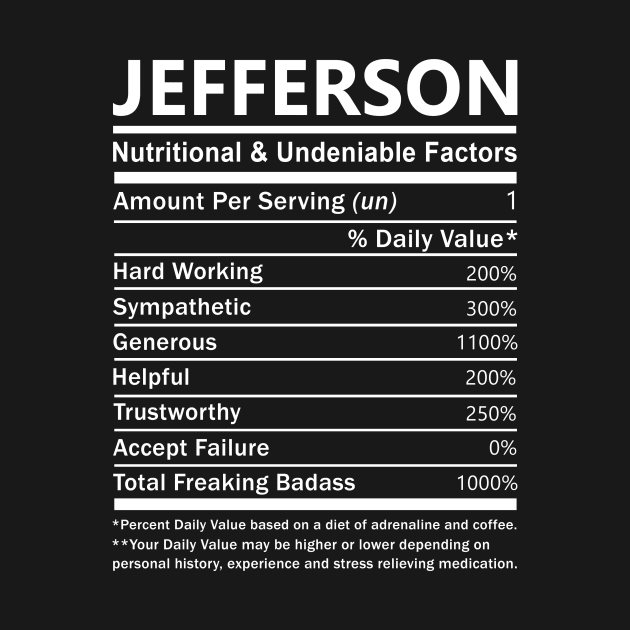 Jefferson Name T Shirt - Jefferson Nutritional and Undeniable Name Factors Gift Item Tee by nikitak4um