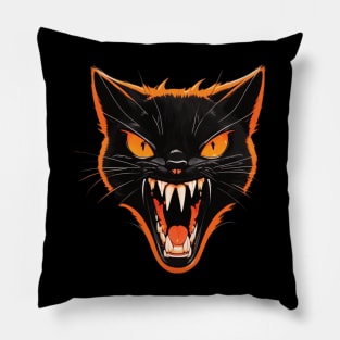 Scaredy Black Cat Hissing Face Vintage Halloween Pillow