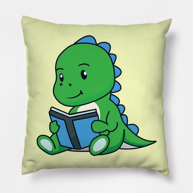 Cute Green Dinosaur Reading book - Dinosaur Lover Pillow by Kawaii Bomb