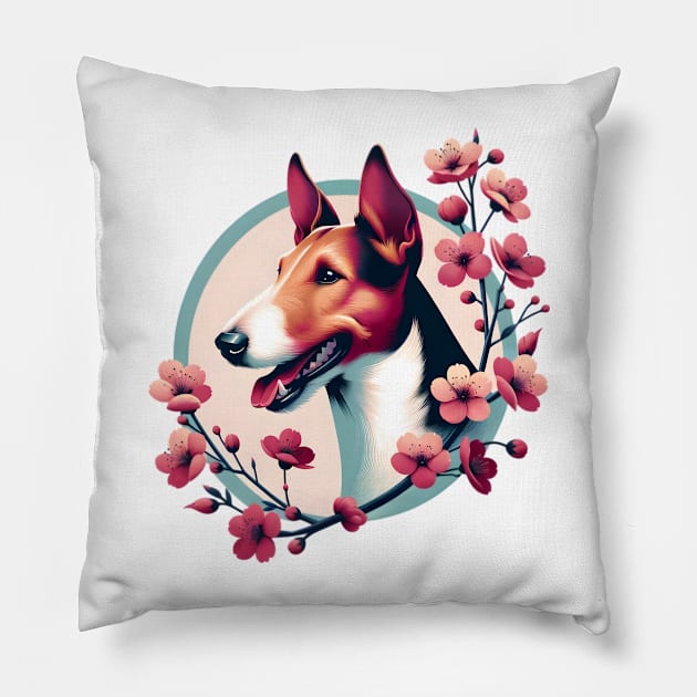 Smooth Fox Terrier Embraces Spring Cherry Blossoms Pillow by ArtRUs