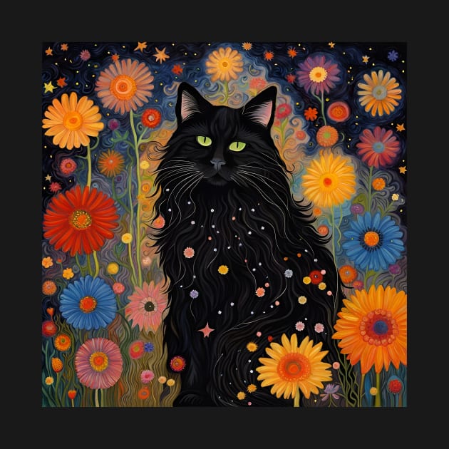 Black Cat With Stars and Flowers by LittleBean