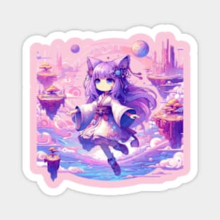 Otaku Cat Girl with Kimono in Magical Landscape. Magnet