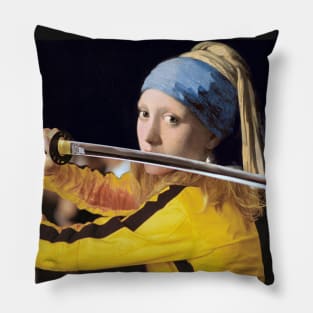 Girl with a Pearl Earring by Vermer and Beatrix Kiddo from Kill Bill Pillow