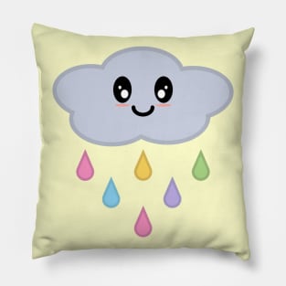 Kawaii Cute Rainbow Raindrop Rain Cloud in Yellow Pillow