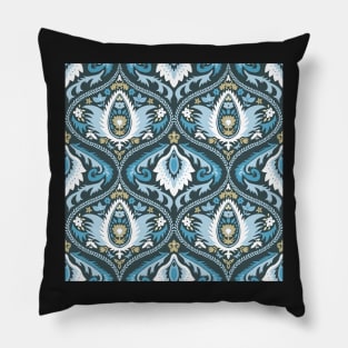 Classic ogee pattern with tendrils light blue and white on dark blue Pillow