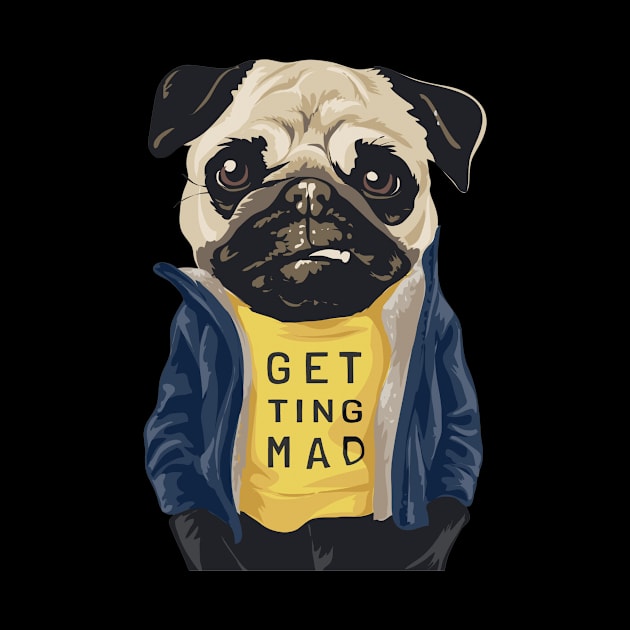 grumpy pug dog in blue jacket illustration by chenowethdiliff