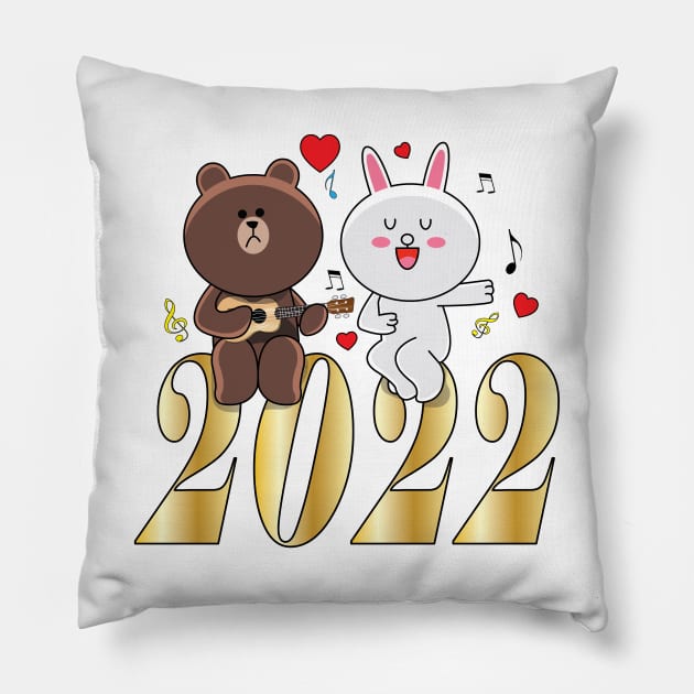 Brown Bear Cony Bunny Rabbit New Year 2022 Pillow by ArticArtac