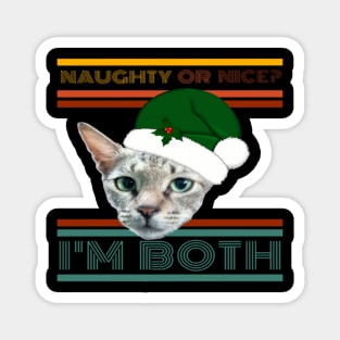 Naughty Or Nice? I'm Both Funny Retro Text Design with Cat in Green Santa Hat with Holly Magnet