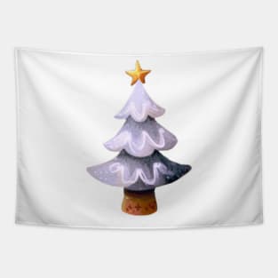 Black and White Christmas Tree with a Gold star - Watercolor Painting / Illustration Tapestry