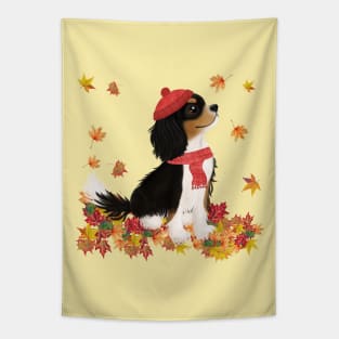 Tri-Color Cavalier King Charles Spaniel in Fall Leaves - Unique Cavalier Gift Tapestry