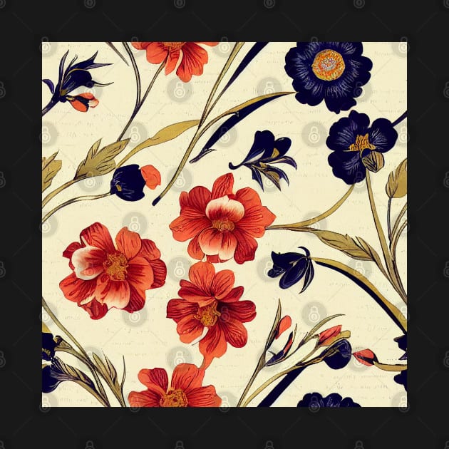 Pretty Orange Red and Deep Blue Flower Pattern on Dark Background by VintageFlorals