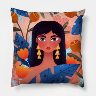 Cute girl with plants and flowers Pillow