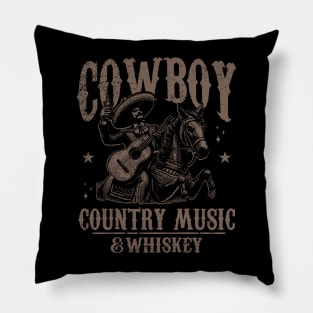Cowboy; whiskey; country music; Mexican; Mexico; guitar; horse; country and western; old west; wild west; Texas; outlaw; guitar; country; western; horses; vintage; retro Pillow