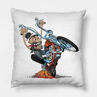 Funny biker riding a chopper, popping a wheelie motorcycle cartoon Pillow