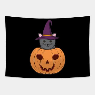 Halloween Cute Cat With Witch Hat Stuck In A Pumpkin Head. Tapestry