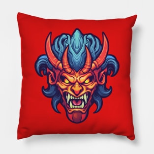 Horned demon face, red and blue Pillow