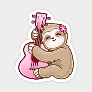 Cute Girl Playing Acoustic Ukulele Pink Guitar kawaii Sloth Magnet