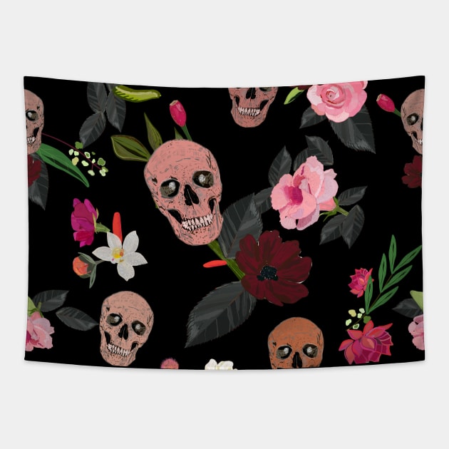 Skull and roses, vanilla, cosmos flower Tapestry by GULSENGUNEL