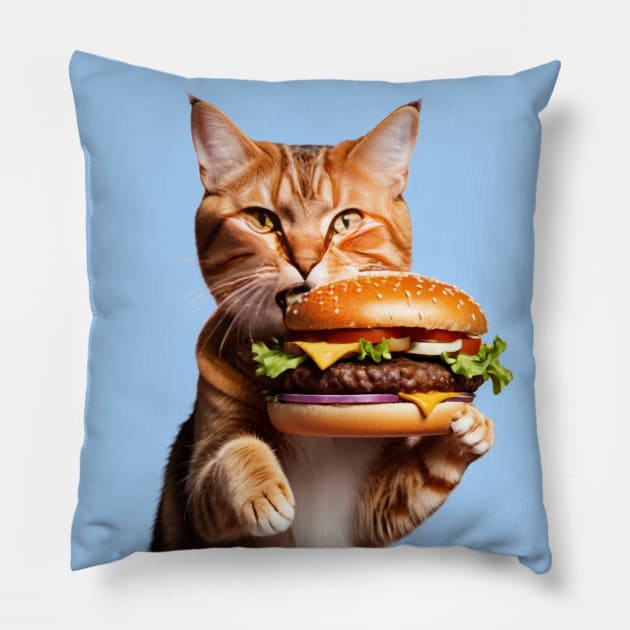 Fast Food lover Foodie Hamburger Hungry Funny Cat Pillow by Tina