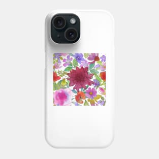 Summer wildflowers and leaves watercolor botanical illustration. Peony, Hryzanthemium, Rose, Poppy, Balloon flowers. Phone Case