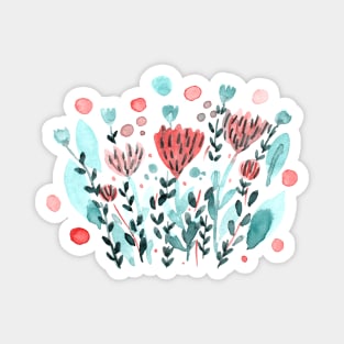 Watercolor whimsical flowers - coral and green Magnet