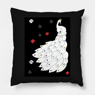 White Peacock with Flowers in a Black Background Pillow