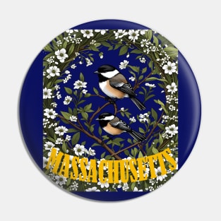 Massachusetts Black-capped Chickadee Bird And Mayflowers Pin